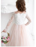 Long Sleeves Ivory Lace Pink Tulle Flower Girl Dress